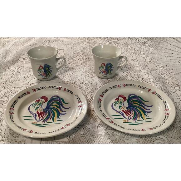 Vintage Century Stoneware SUNRISE ROOSTER 2 Salad Plates 2 Coffee Cups - Picture 1 of 11